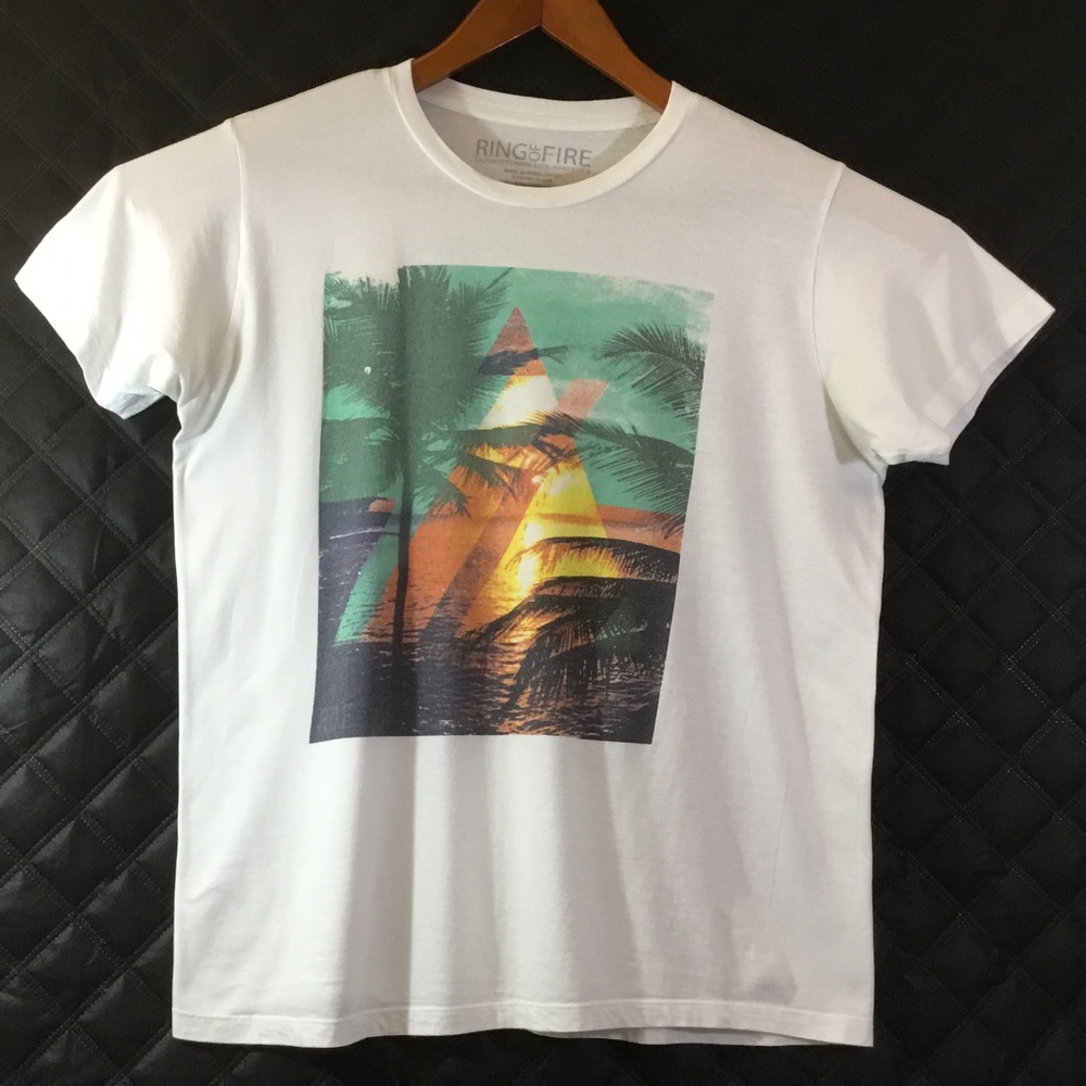 💎Ring Of Fire Mens White Tropical Graphic Tee T Shirt Size Large